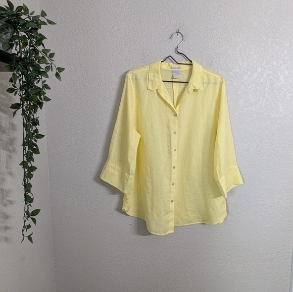 Chico's Tops - Chico's No Iron Linen Top Button Down Shirt Butter Yellow 3/4 Sleeve Summer 16